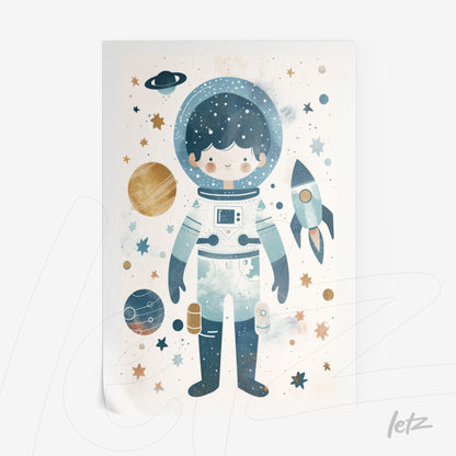 framed wall art featuring a children’s illustration of an astronaut surrounded by planets, stars, and a rocket in a space background