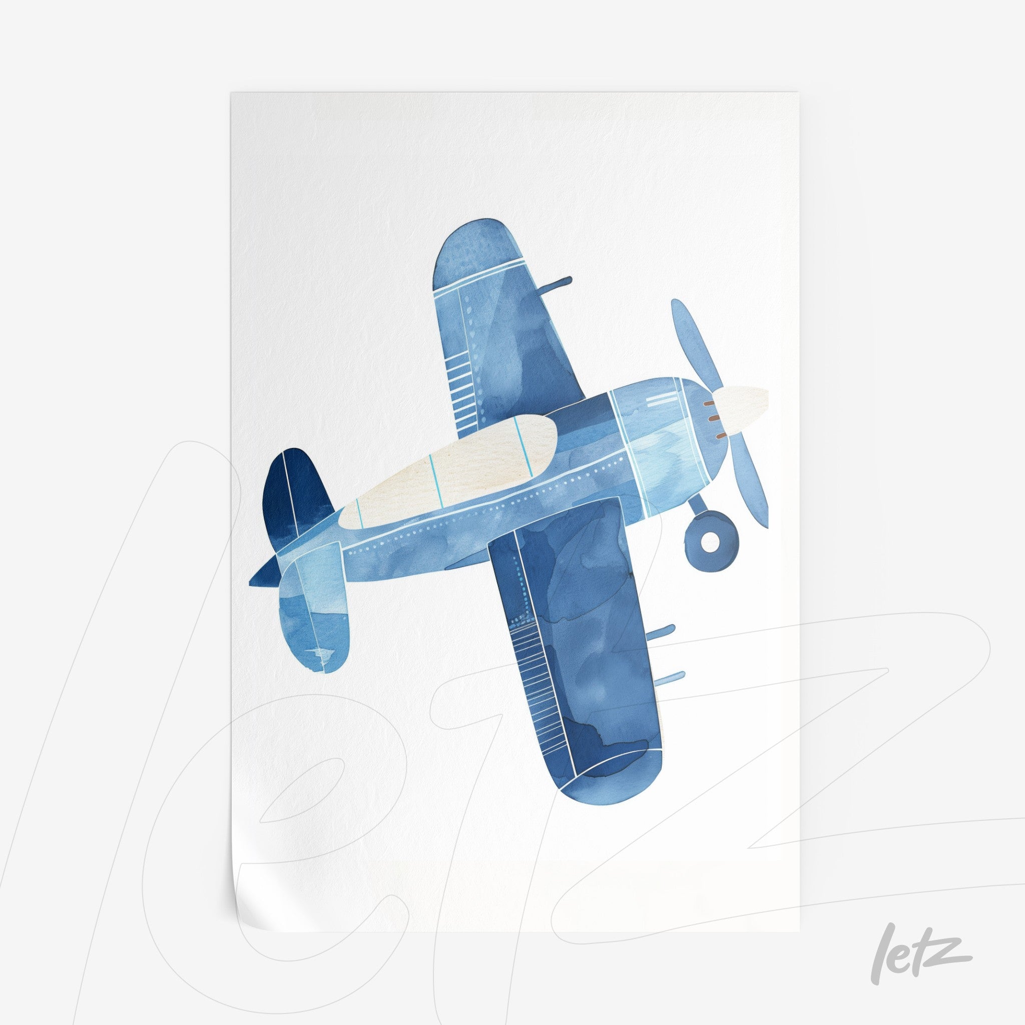 decorative wall art featuring a blue-toned airplane illustration on white background