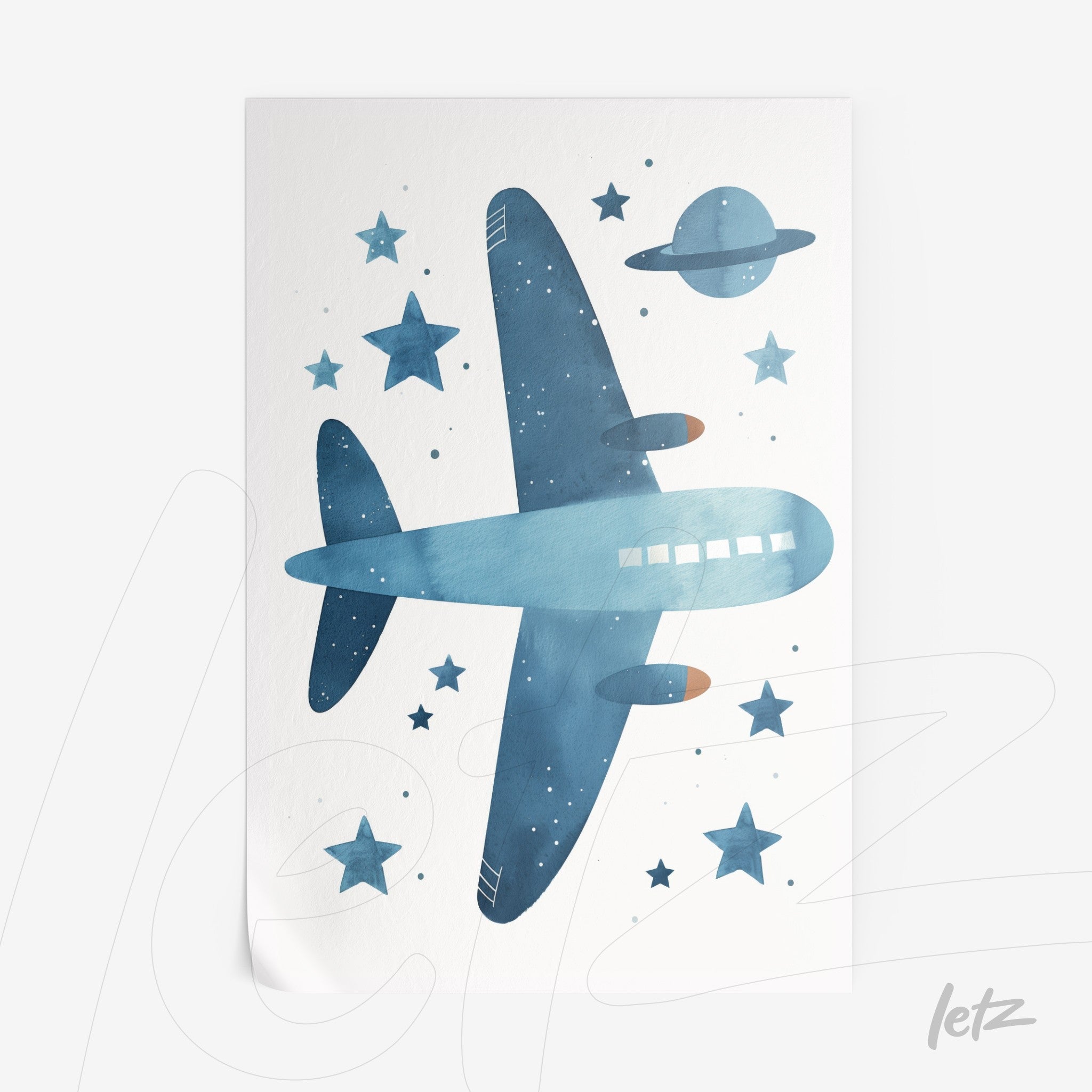 watercolor art of a blue airplane against a white background, surrounded by stars and a planet