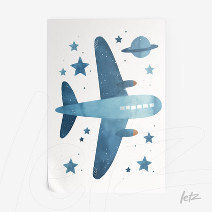 watercolor art of a blue airplane against a white background, surrounded by stars and a planet