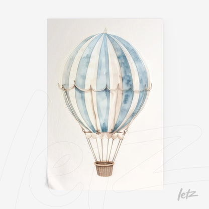 wall art featuring a watercolor illustration of a hot air balloon with blue stripes in pastel shades