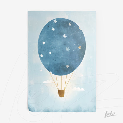framed wall art featuring a blue hot air balloon with stars and clouds on a light background