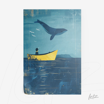 digital art depicting a marine scene with a yellow boat and a whale above, featuring a blue background with textures and a few birds