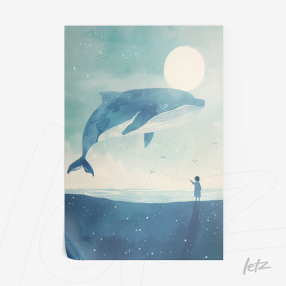framed wall art featuring a large blue whale against a starry sky with a child gazing up at it