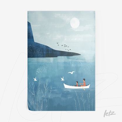 illustration of two people rowing in a white boat on a serene lake, with mountains in the background and a clear sky