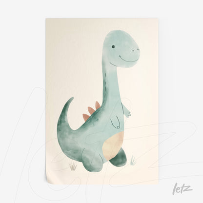 childrens art featuring a watercolor dinosaur in soft colors against a neutral background