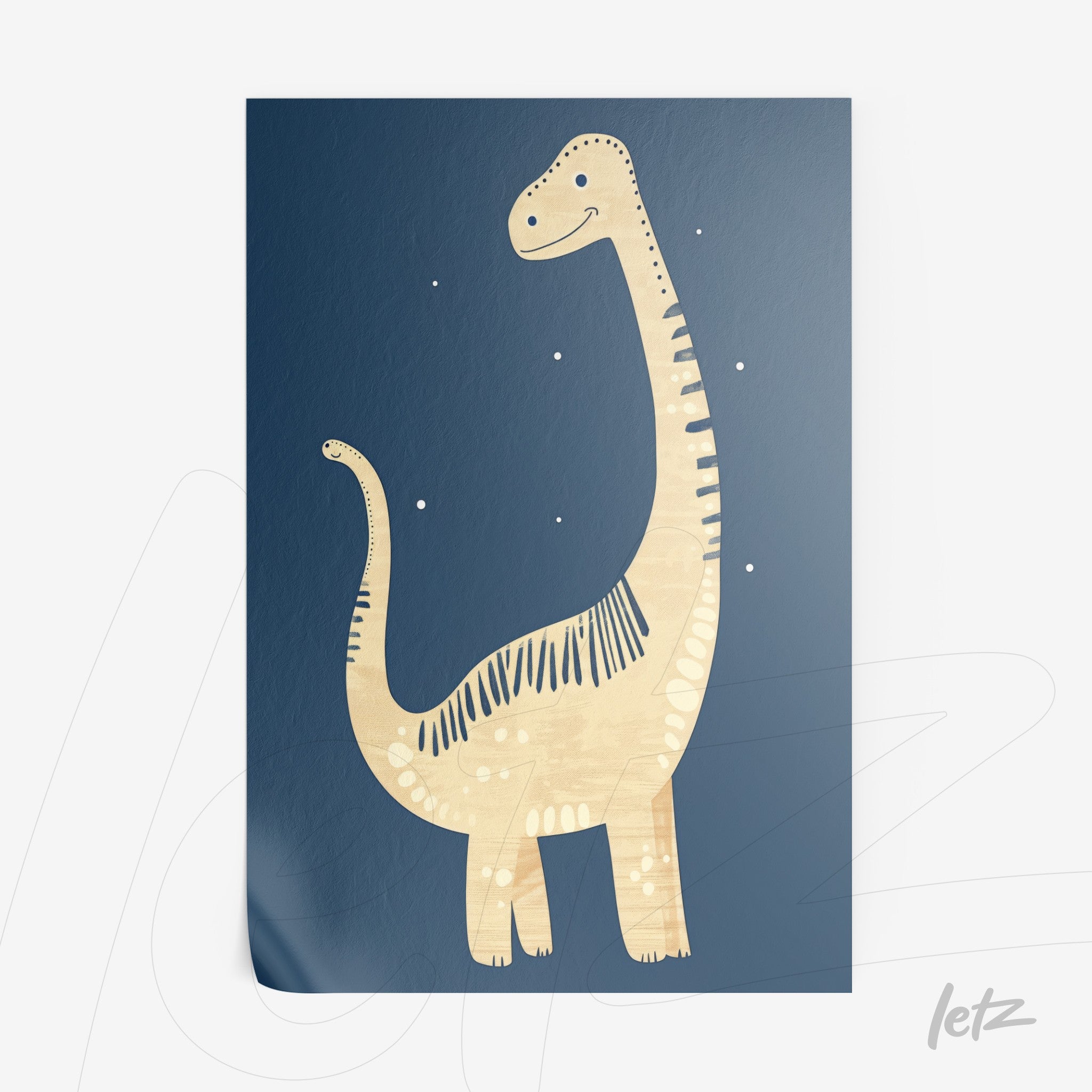 framed art of a friendly dinosaur illustration on dark blue background