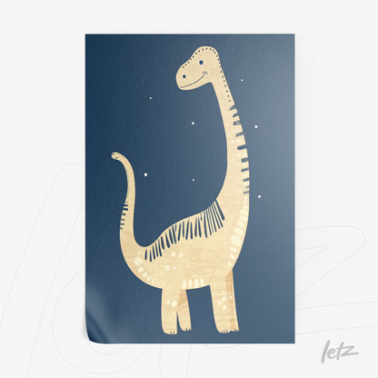 framed art of a friendly dinosaur illustration on dark blue background
