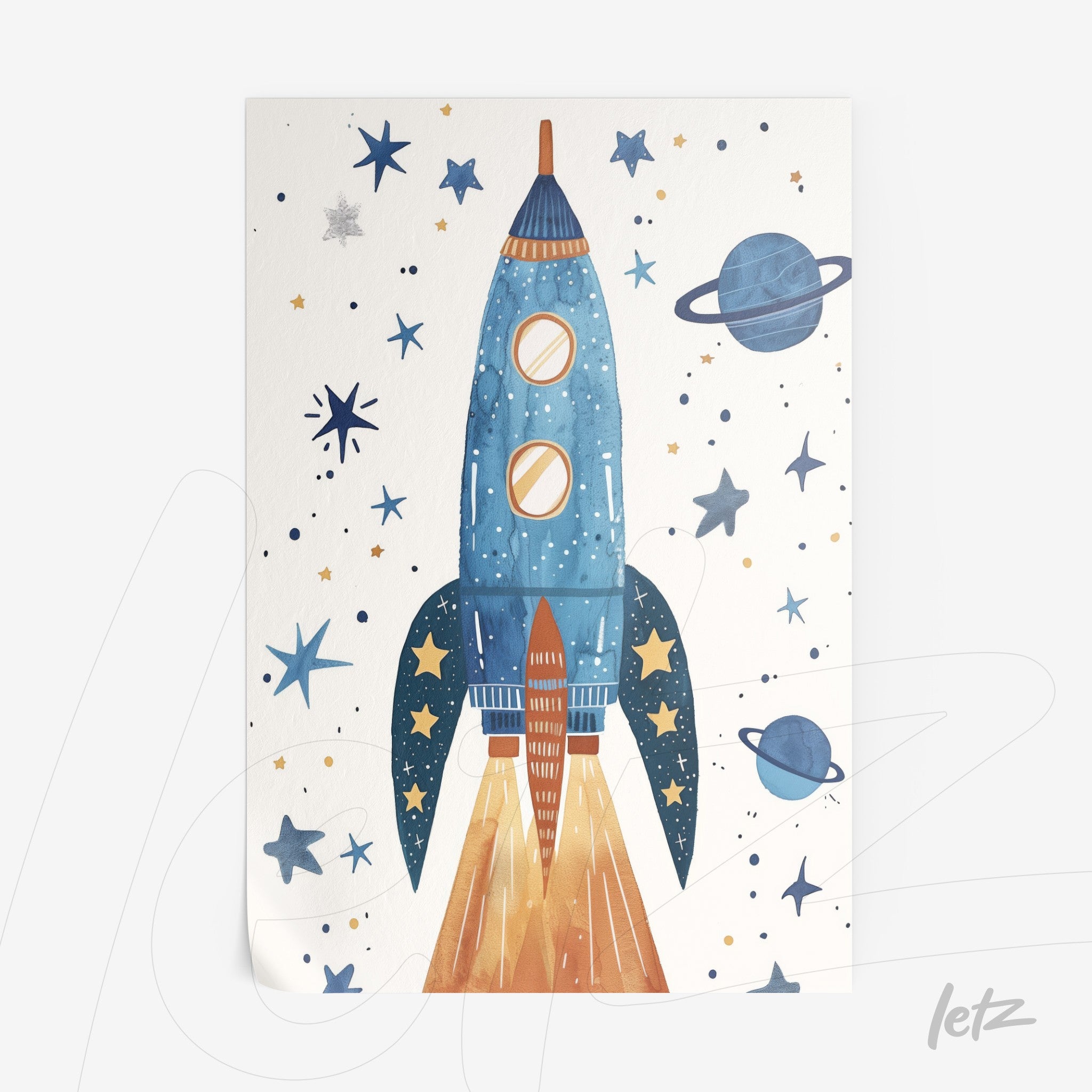art print featuring a blue rocket launching into space surrounded by golden planets and stars
