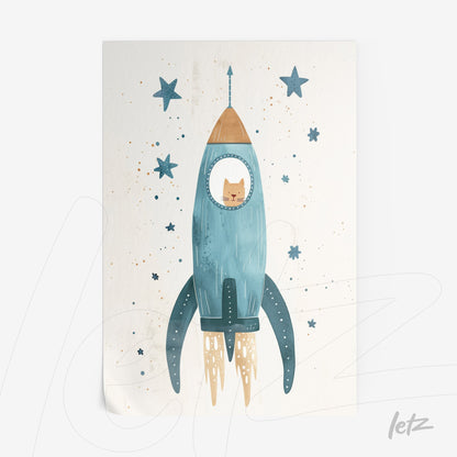 framed wall art featuring a cat in a whimsical rocket ship surrounded by stars