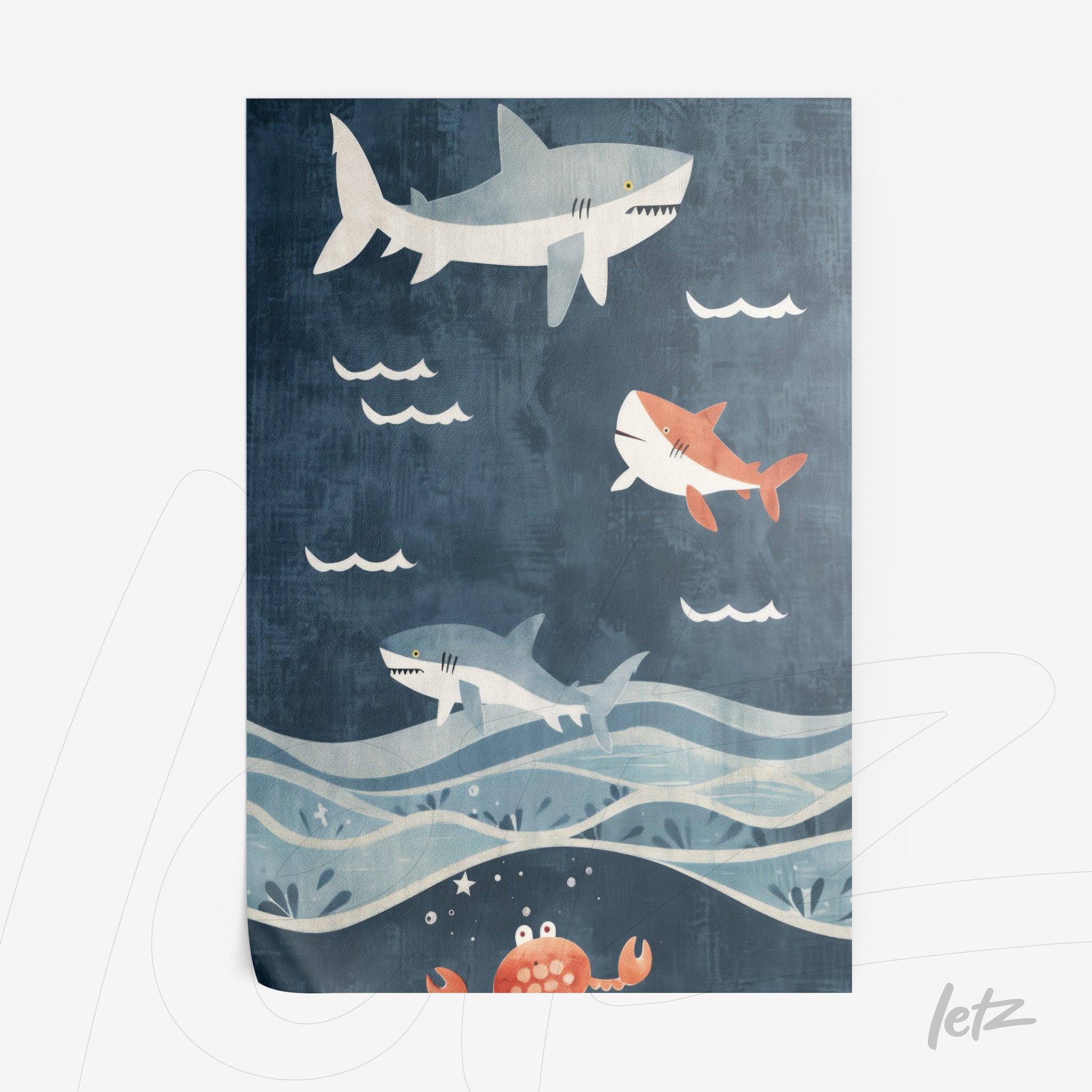 framed artwork featuring swimming sharks against a dark blue background, with white waves and a playful crab at the bottom