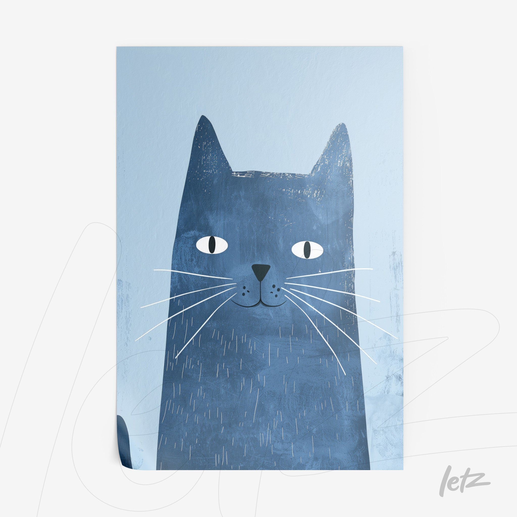 illustrative wall art of a blue cat against a light background