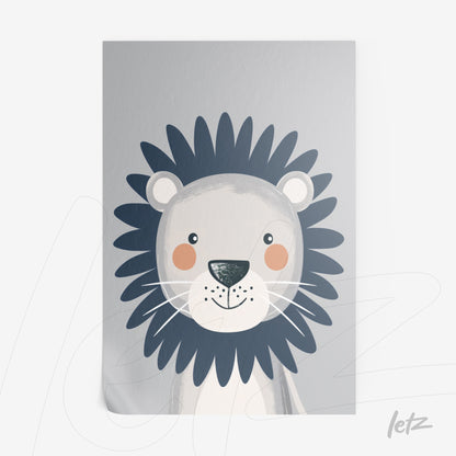 framed wall art featuring a cute lion illustration in gray and blue tones with a light background