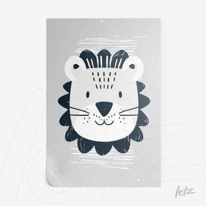 framed wall art featuring a cute lion illustration with simple lines on a light gray background