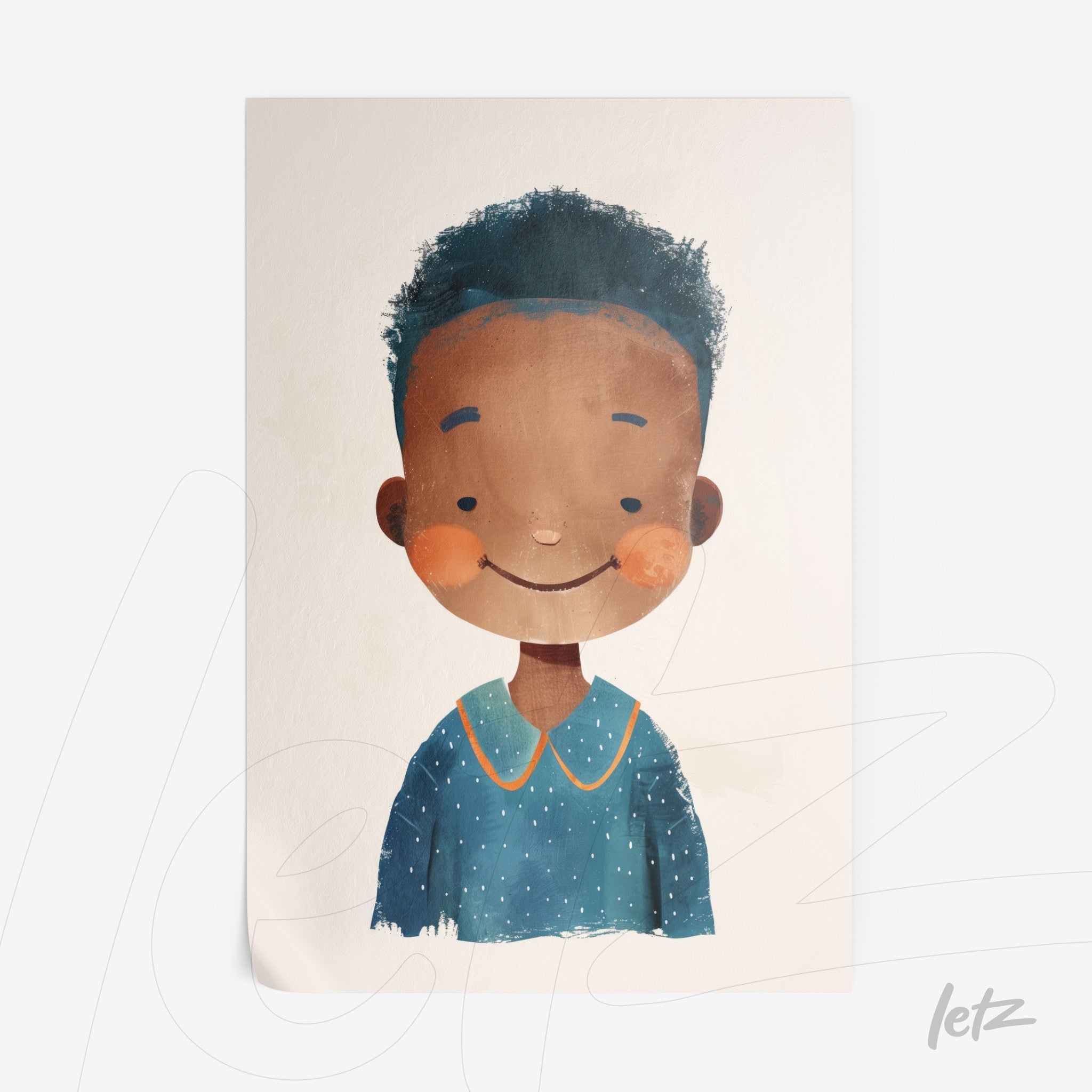 digital illustration of a girl with curly hair wearing a blue dress with star pattern