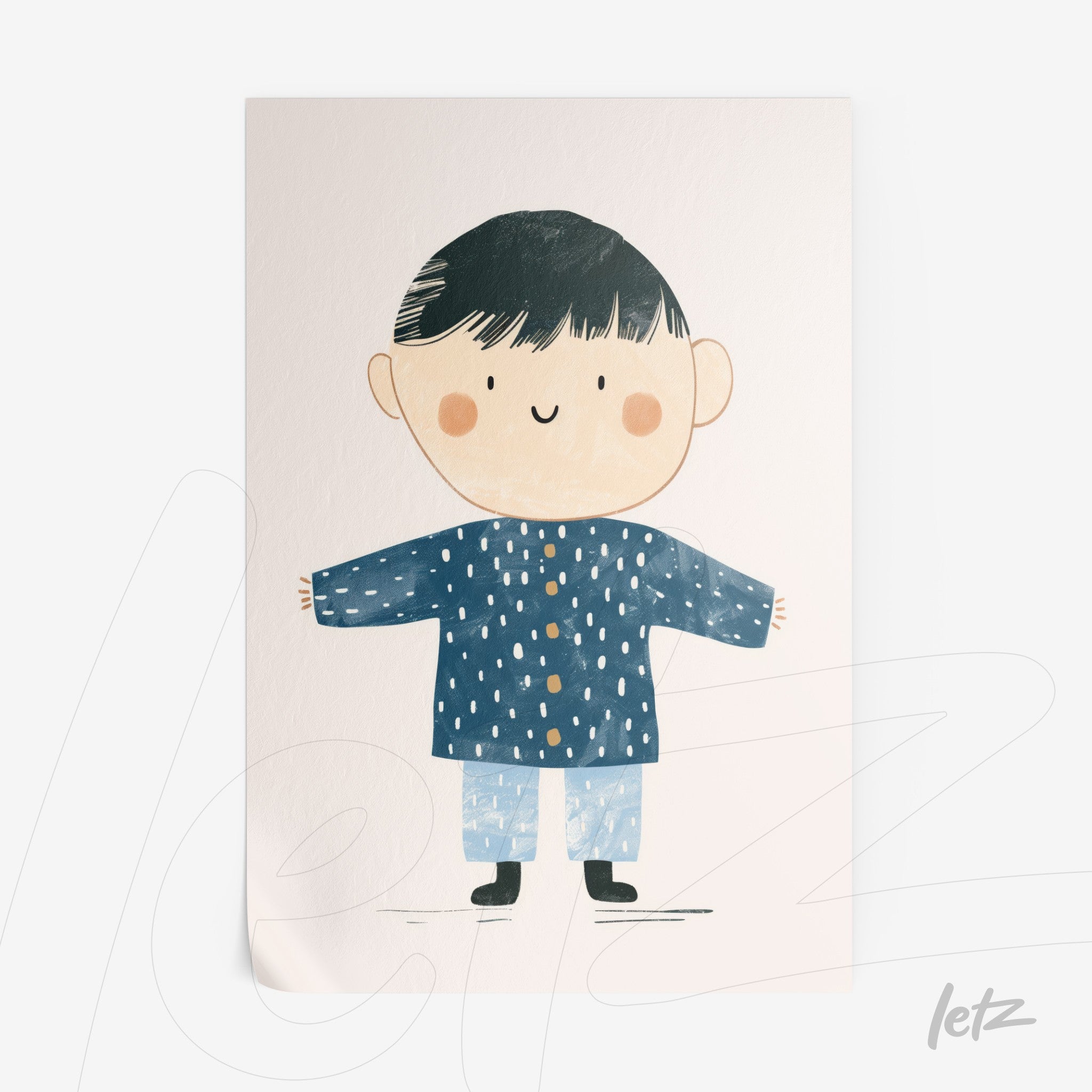 child illustration of a smiling boy wearing a blue coat and light pants on soft background