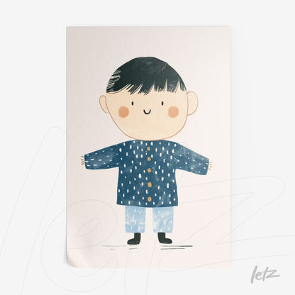 child illustration of a smiling boy wearing a blue coat and light pants on soft background