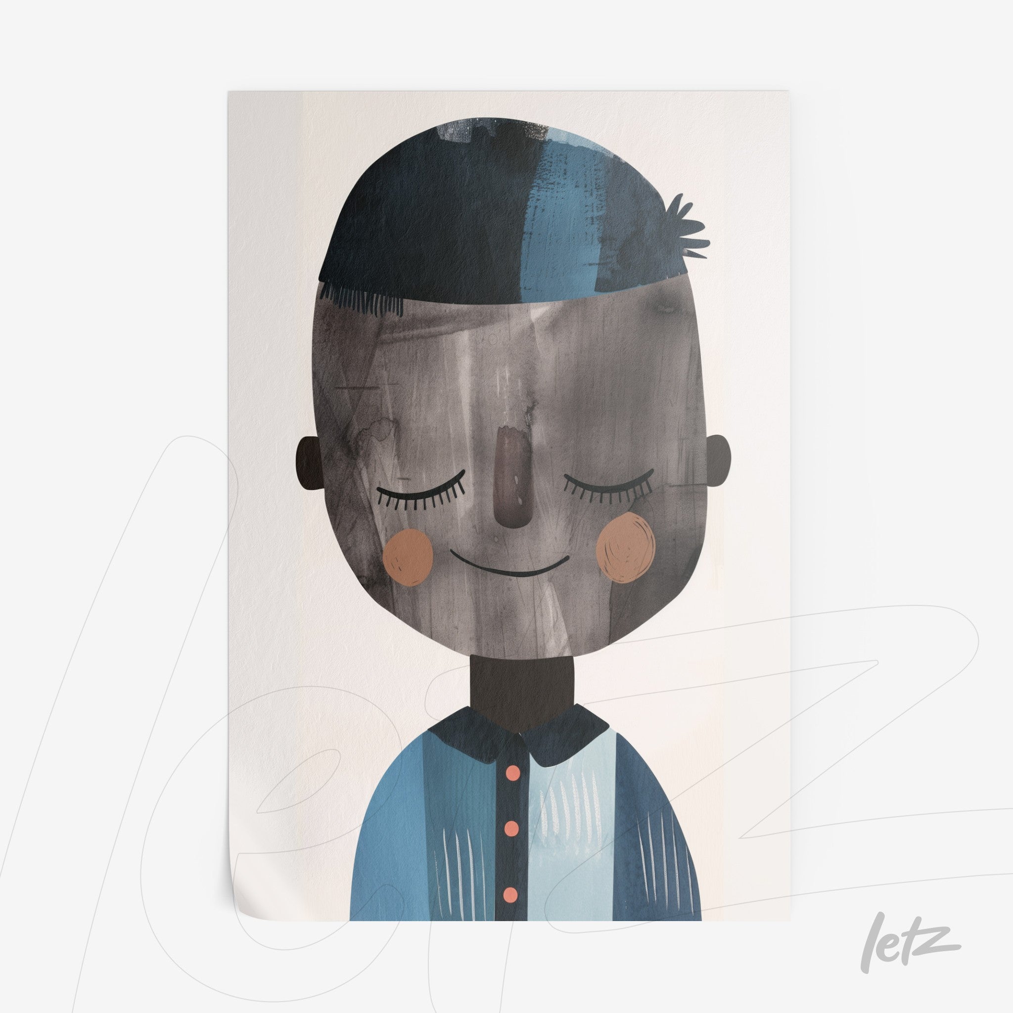 digital art of a smiling character with blue hair and clothing in shades of blue and black