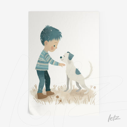 illustration of a boy reaching out to a dog on a light background with subtle textures