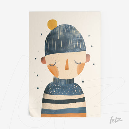framed artwork featuring a whimsical character in a beanie and striped sweater in shades of blue and orange