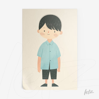 illustration of a smiling boy wearing a blue shirt and black pants against a light background