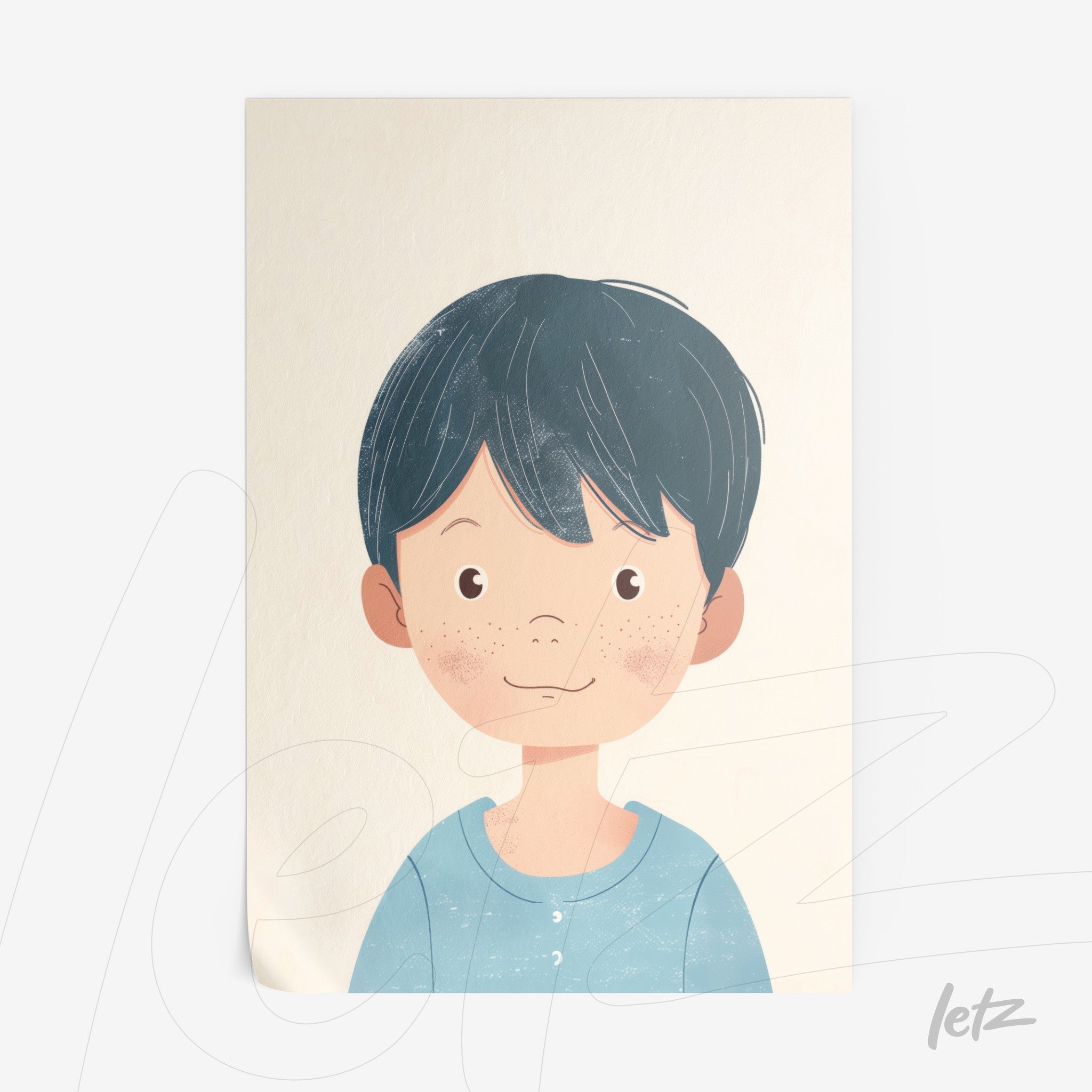 framed illustration of a smiling child with short dark hair wearing a light blue shirt on a textured light background