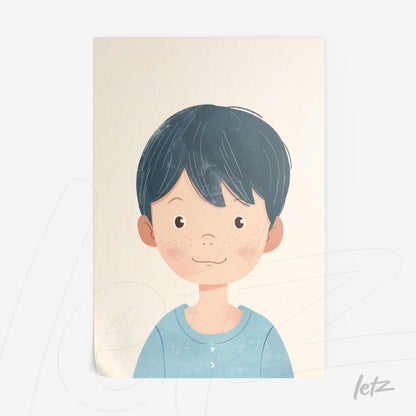 framed illustration of a smiling child with short dark hair wearing a light blue shirt on a textured light background