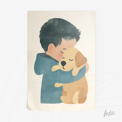 digital illustration of a boy hugging a labrador puppy on a light background