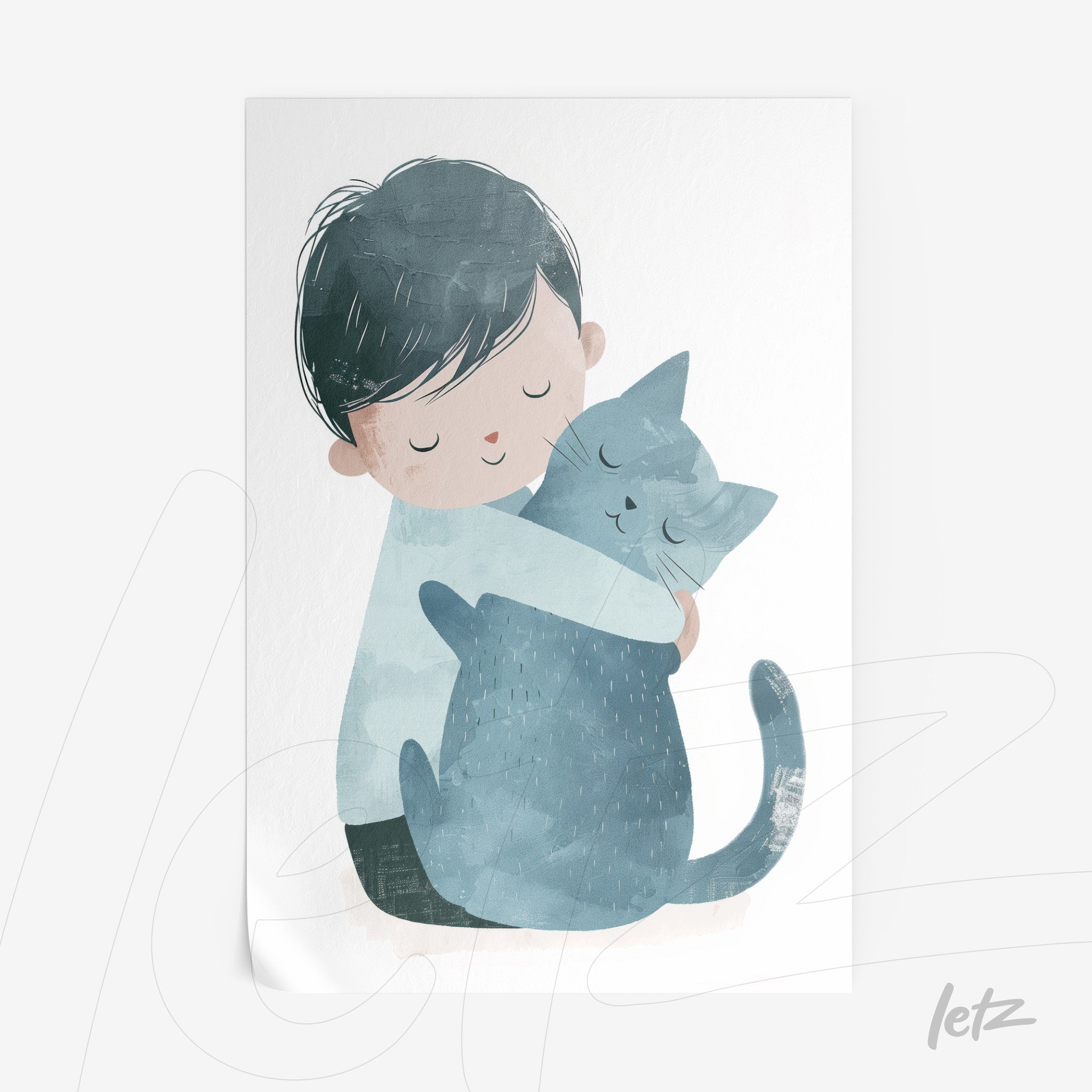 framed wall art featuring a child hugging a gray cat on a white background
