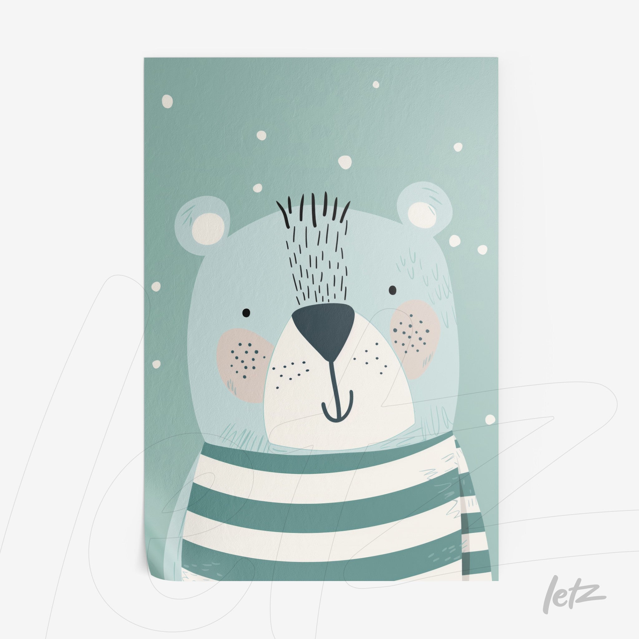 illustrated canvas print of a cute bear wearing a striped shirt against a light blue background with snowflakes