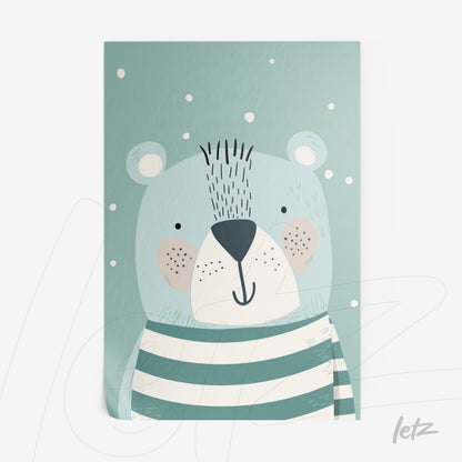 illustrated canvas print of a cute bear wearing a striped shirt against a light blue background with snowflakes