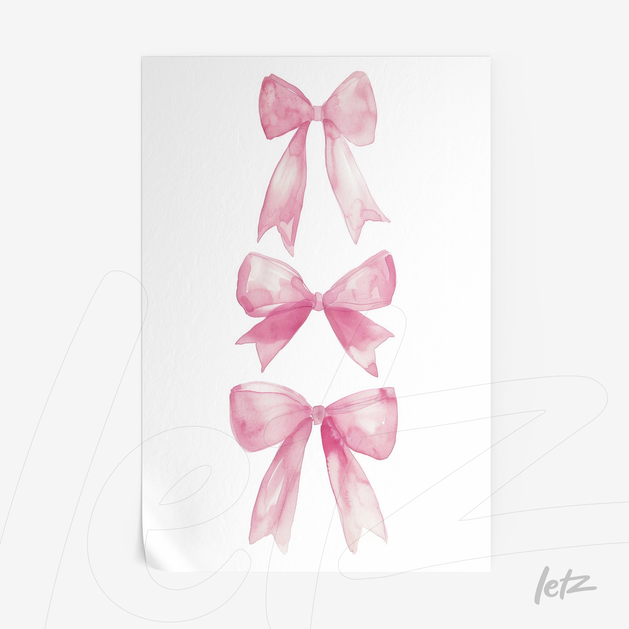 framed art featuring pink watercolor bows arranged vertically on a white background