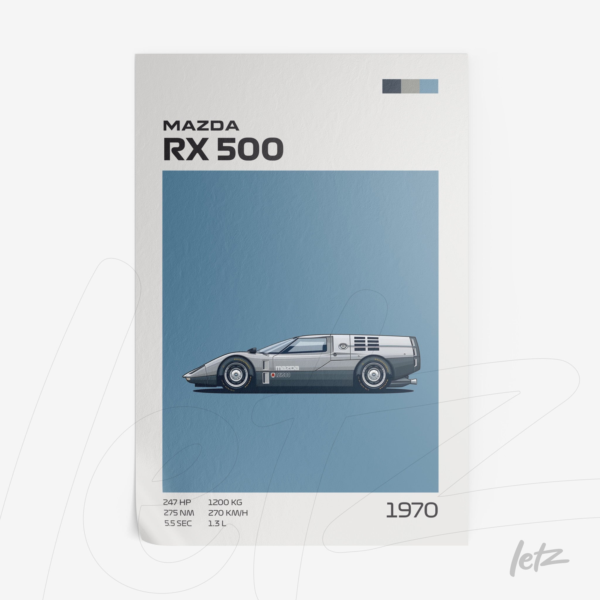 minimalist illustration of Mazda RX 500 car with blue background