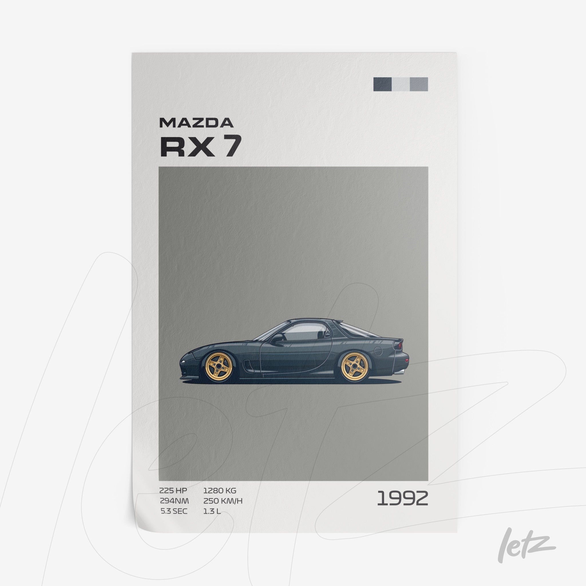 digital artwork of a 1992 Mazda RX7 in minimalist style against a gray background