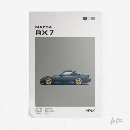 digital artwork of a 1992 Mazda RX7 in minimalist style against a gray background