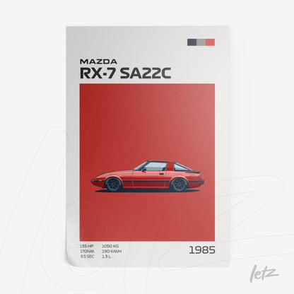 decorative artwork featuring a stylized illustration of the 1985 Mazda RX-7 SA22C against a vibrant red background