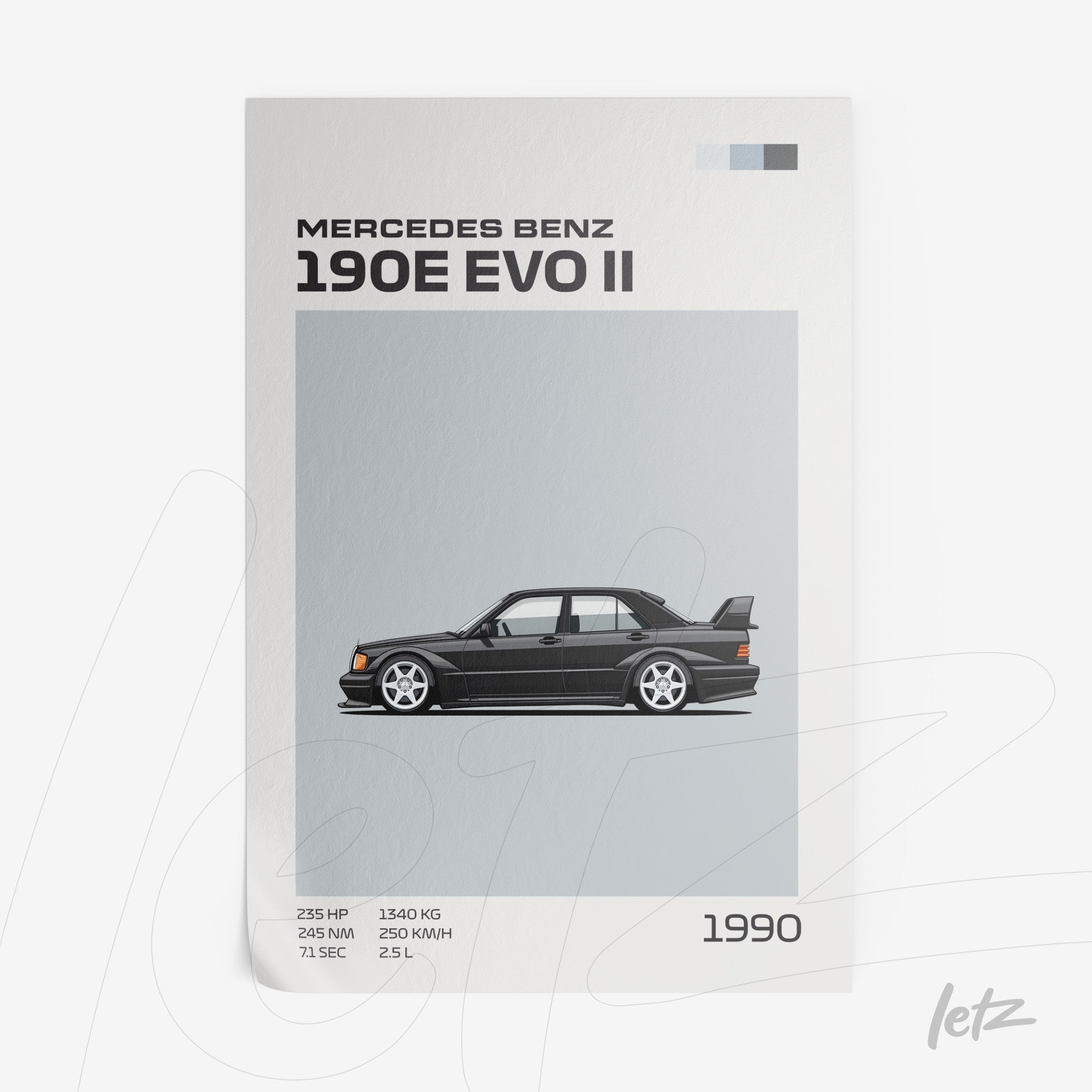 framed artwork of stylized Mercedes Benz 190E EVO II car illustration on light gray background