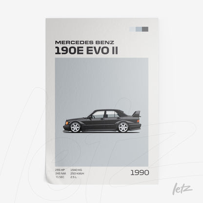 framed artwork of stylized Mercedes Benz 190E EVO II car illustration on light gray background