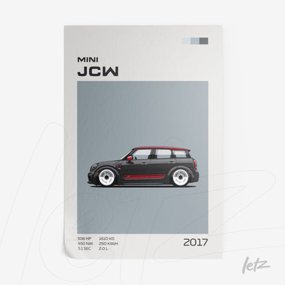 framed artwork featuring a detailed illustration of a Mini JCW on a gray background, showcasing technical specifications beside it