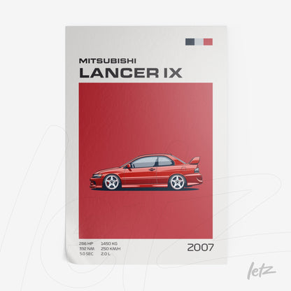 framed artwork featuring a minimalist illustration of the Mitsubishi Lancer IX on a red background