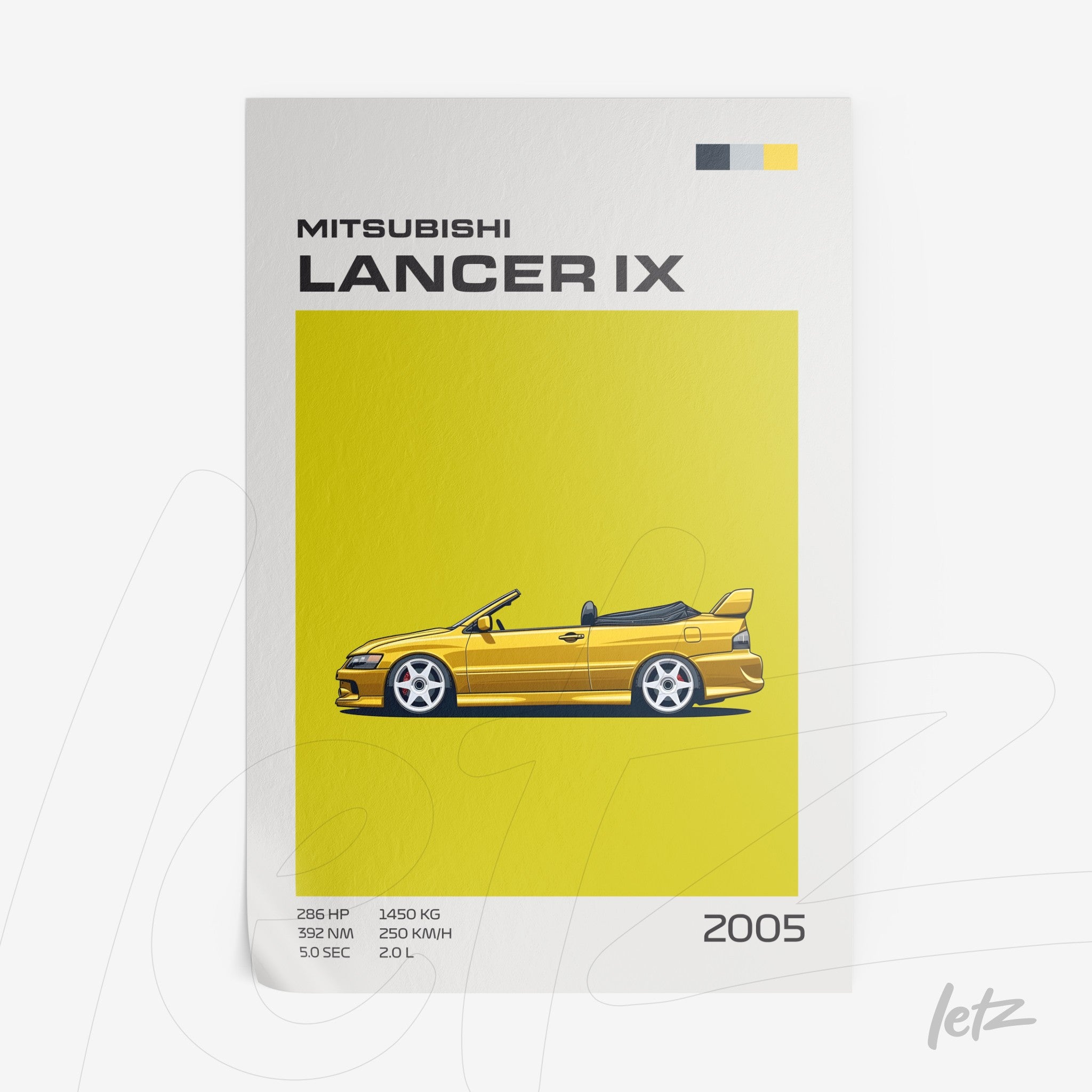 digital art of a yellow Mitsubishi Lancer IX sports car with a bright yellow background