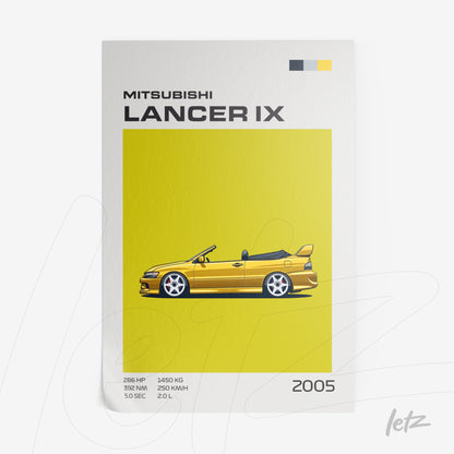 digital art of a yellow Mitsubishi Lancer IX sports car with a bright yellow background