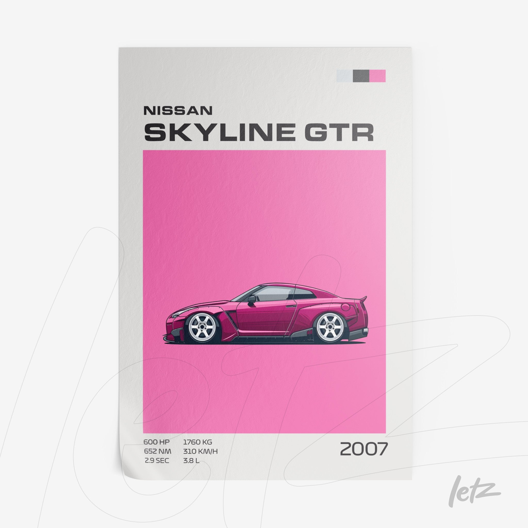 framed wall art featuring a digital illustration of a Nissan Skyline GTR against a vibrant pink background