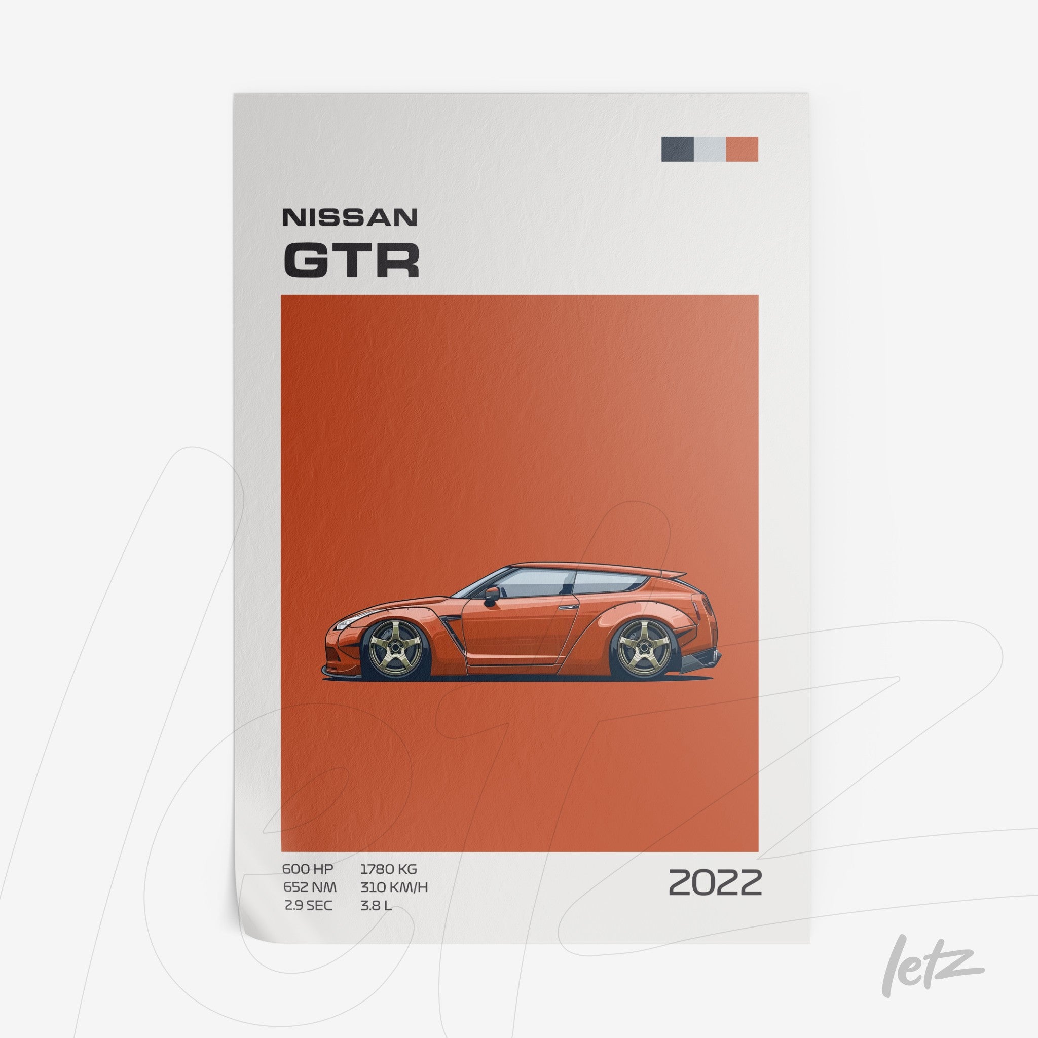 framed art featuring a stylized Nissan GTR sports car against a vibrant orange background
