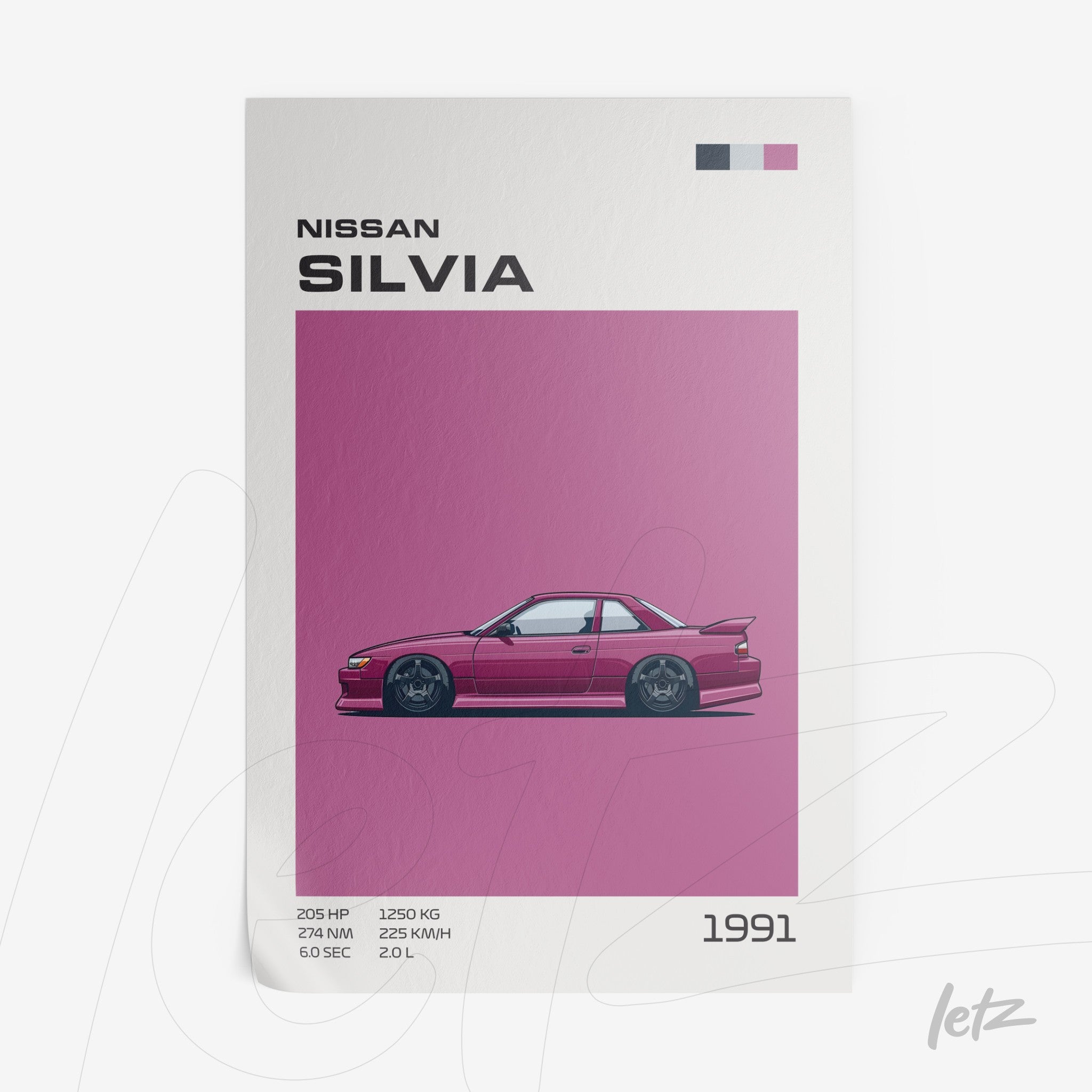 digital illustration of a Nissan Silvia sports car on a pink background with white and black details