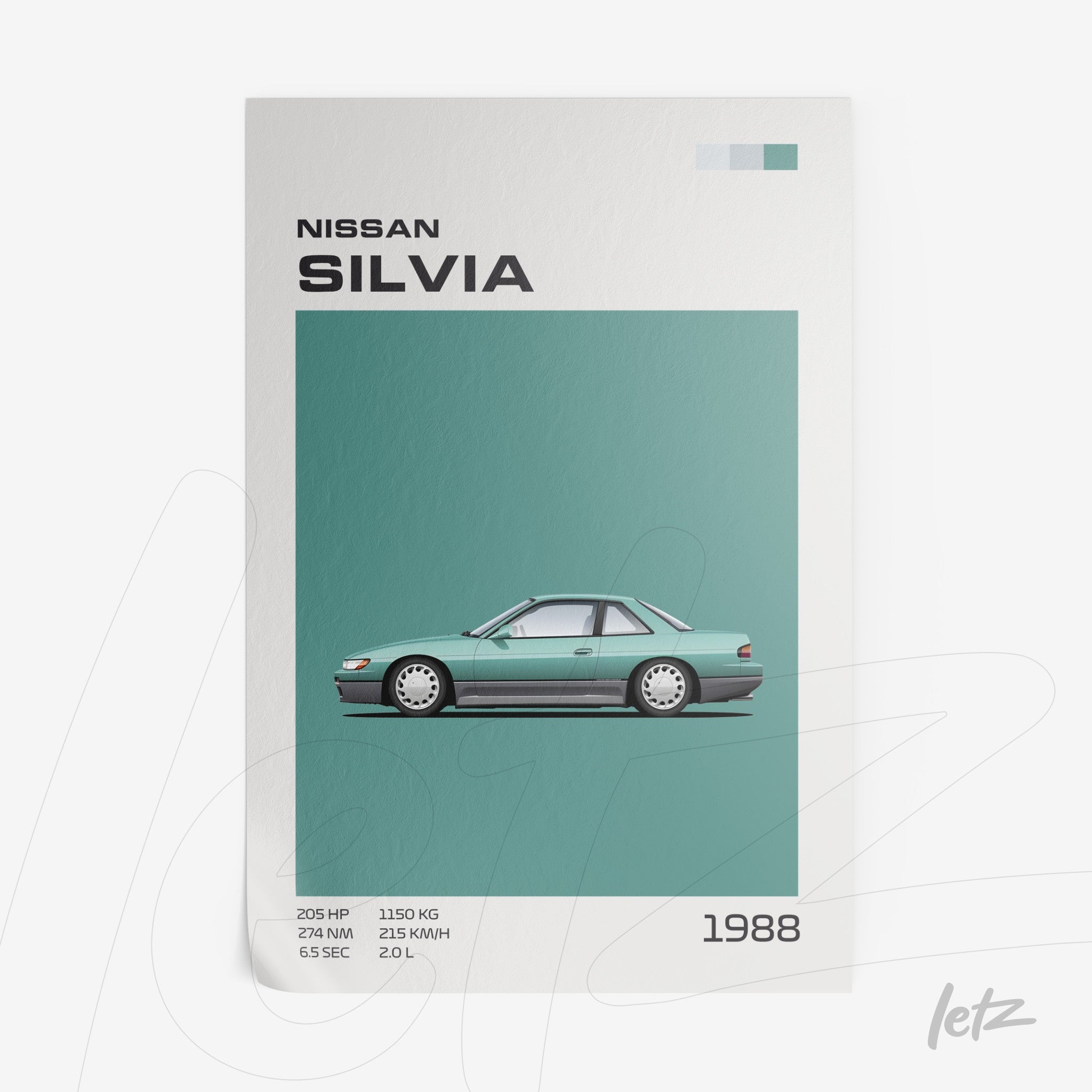 framed artwork featuring an illustration of a 1988 Nissan Silvia on a light green background