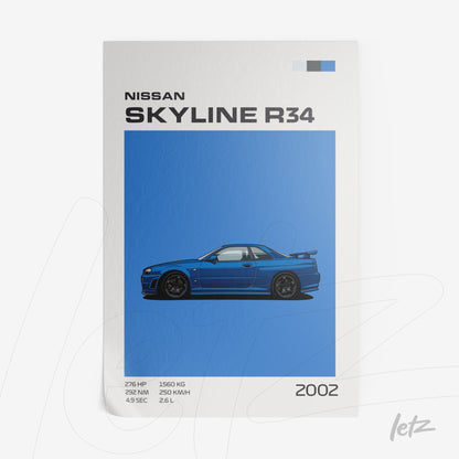 framed digital artwork of the Nissan Skyline R34 on blue background featuring technical details and release year