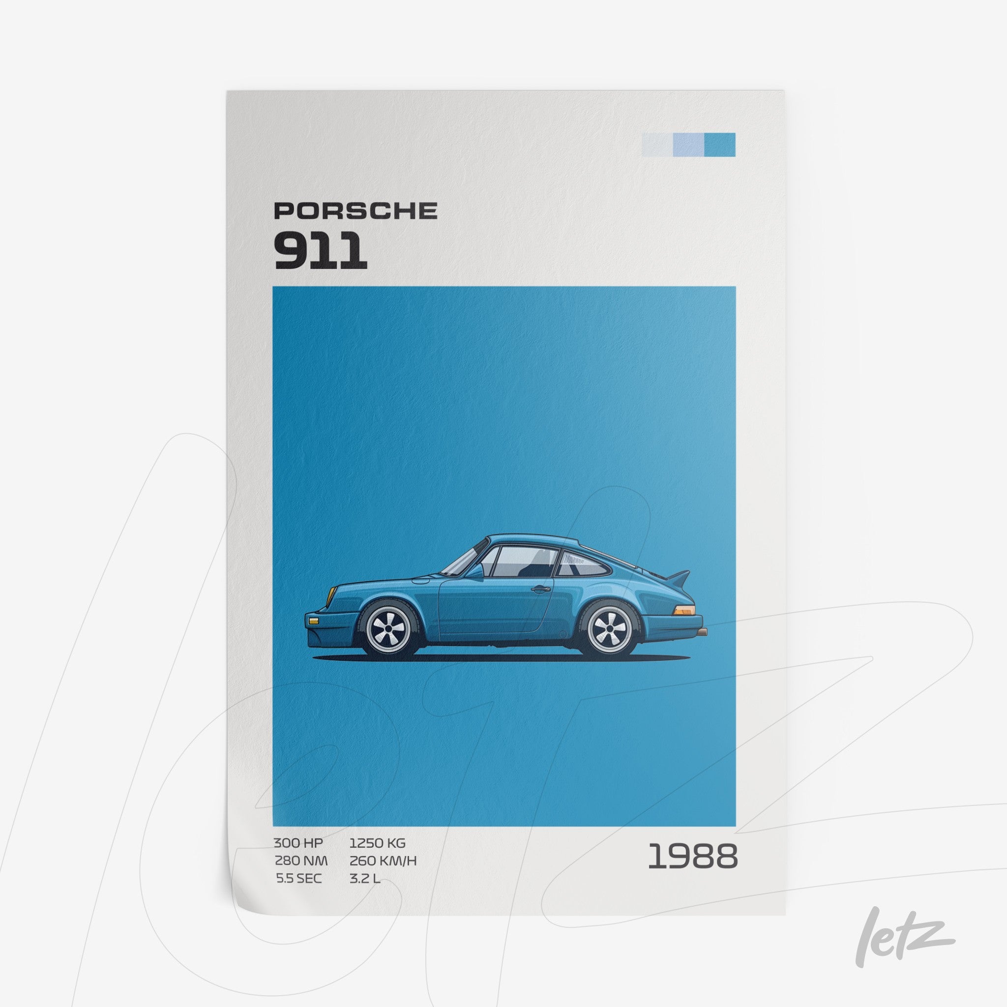framed art featuring a vintage Porsche 911 sports car illustration on vibrant blue background