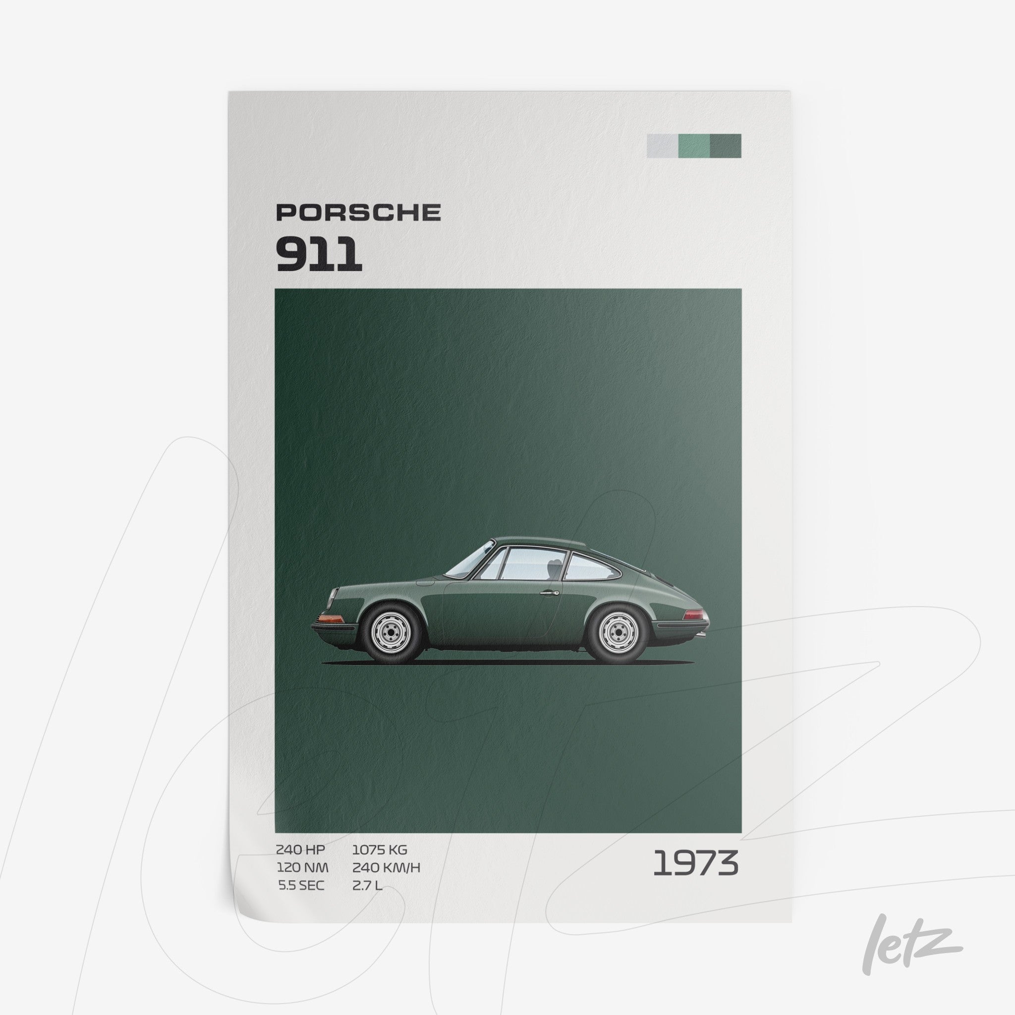 framed artwork featuring a minimalist illustration of a green Porsche 911 against a solid background with white text details