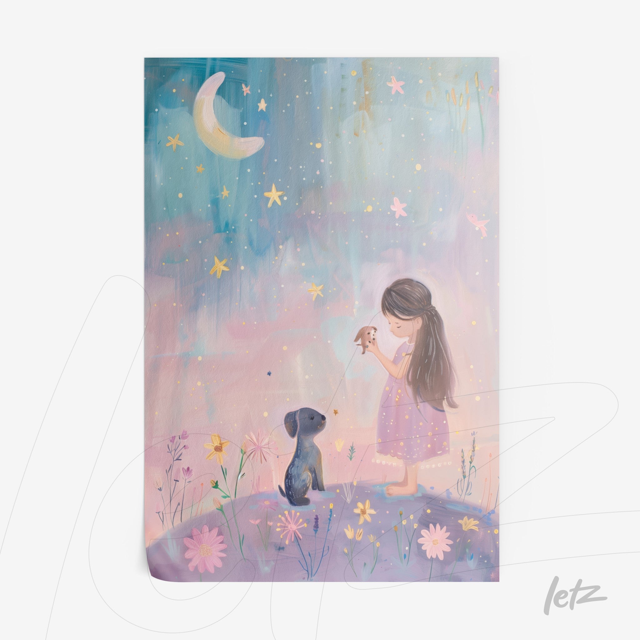 illustration of a young girl in a purple dress holding a bird next to a dog, set against a starry sky and colorful flowers